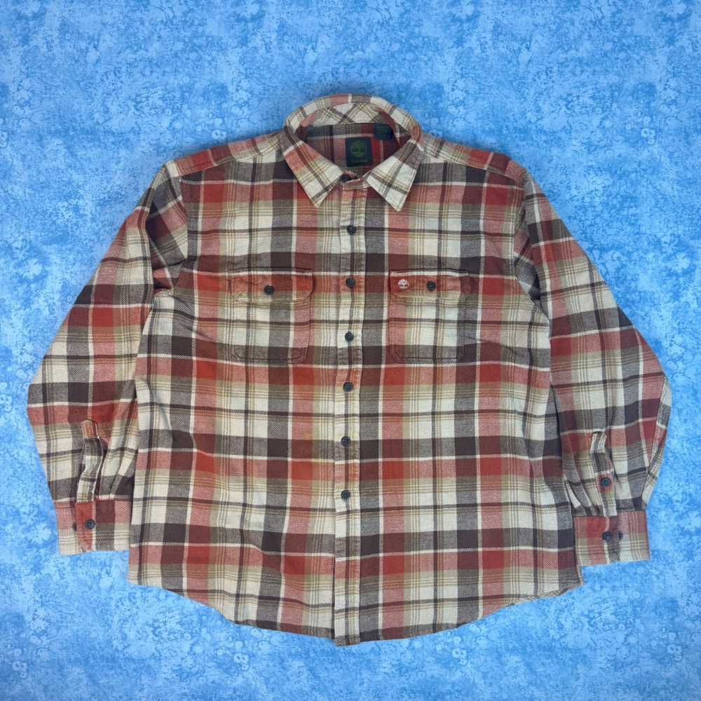 Timberland Mens Long Sleeve Plaid Flannel Button Down Shirt Orange Brown XL